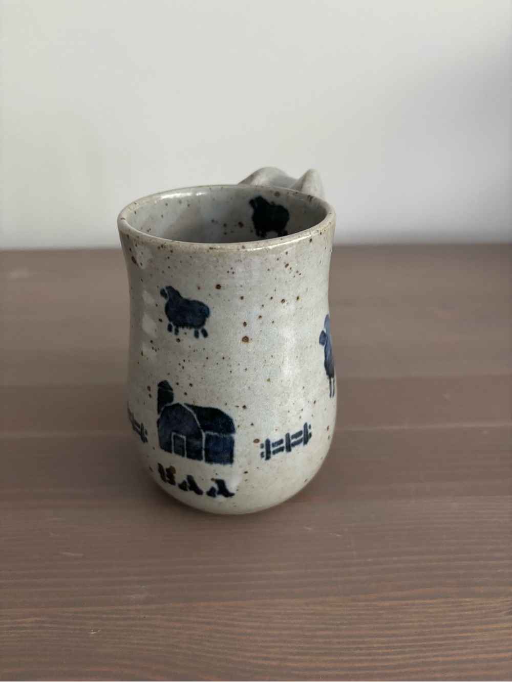 Handcrafted Grey Ceramic Farmhouse Mug with Blue Sheep Motif